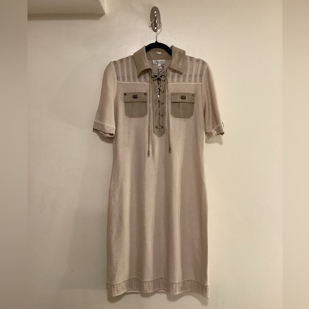St. John Sport Cream Wool Knit Midi Dress with Belt